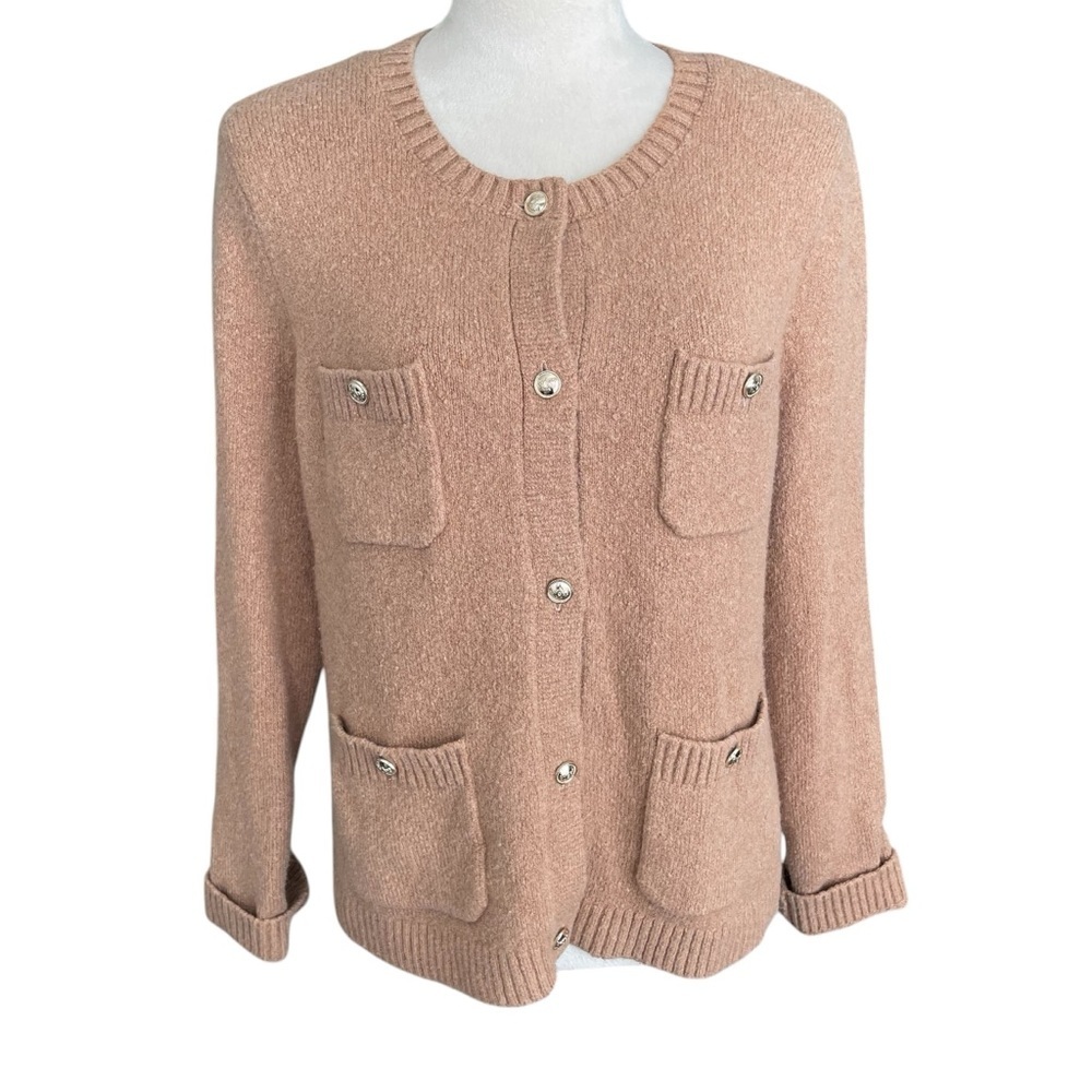 Talbots Wool Cotton Blend Cardigan Women Size L‎ Sweater Bouclé Cozy Tan Neutral